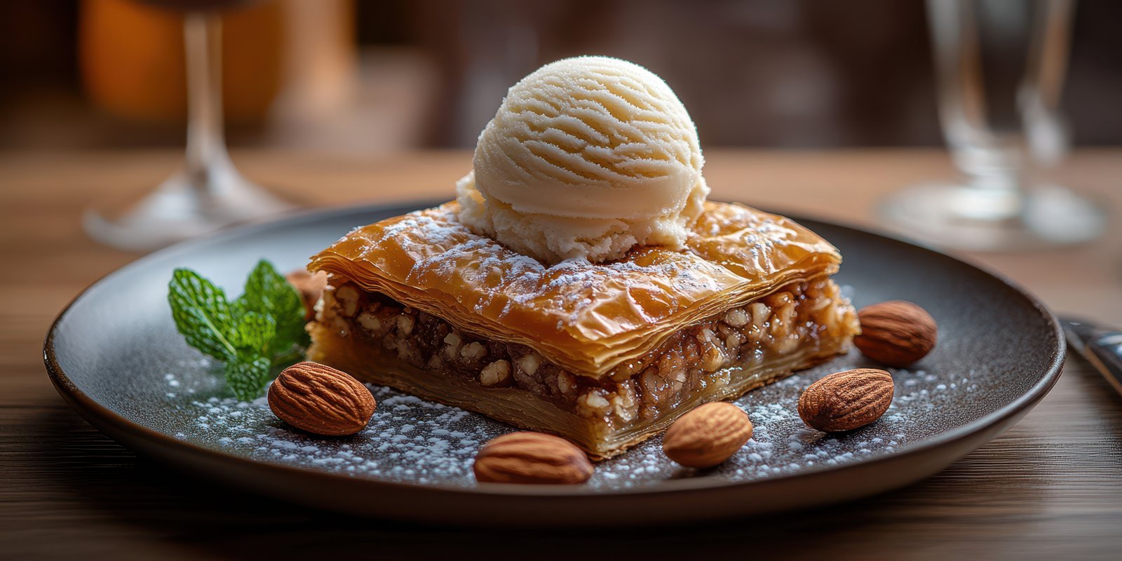 Delightful baklava dessert served with creamy ice cream on a stylish plate in a cozy cafe setting